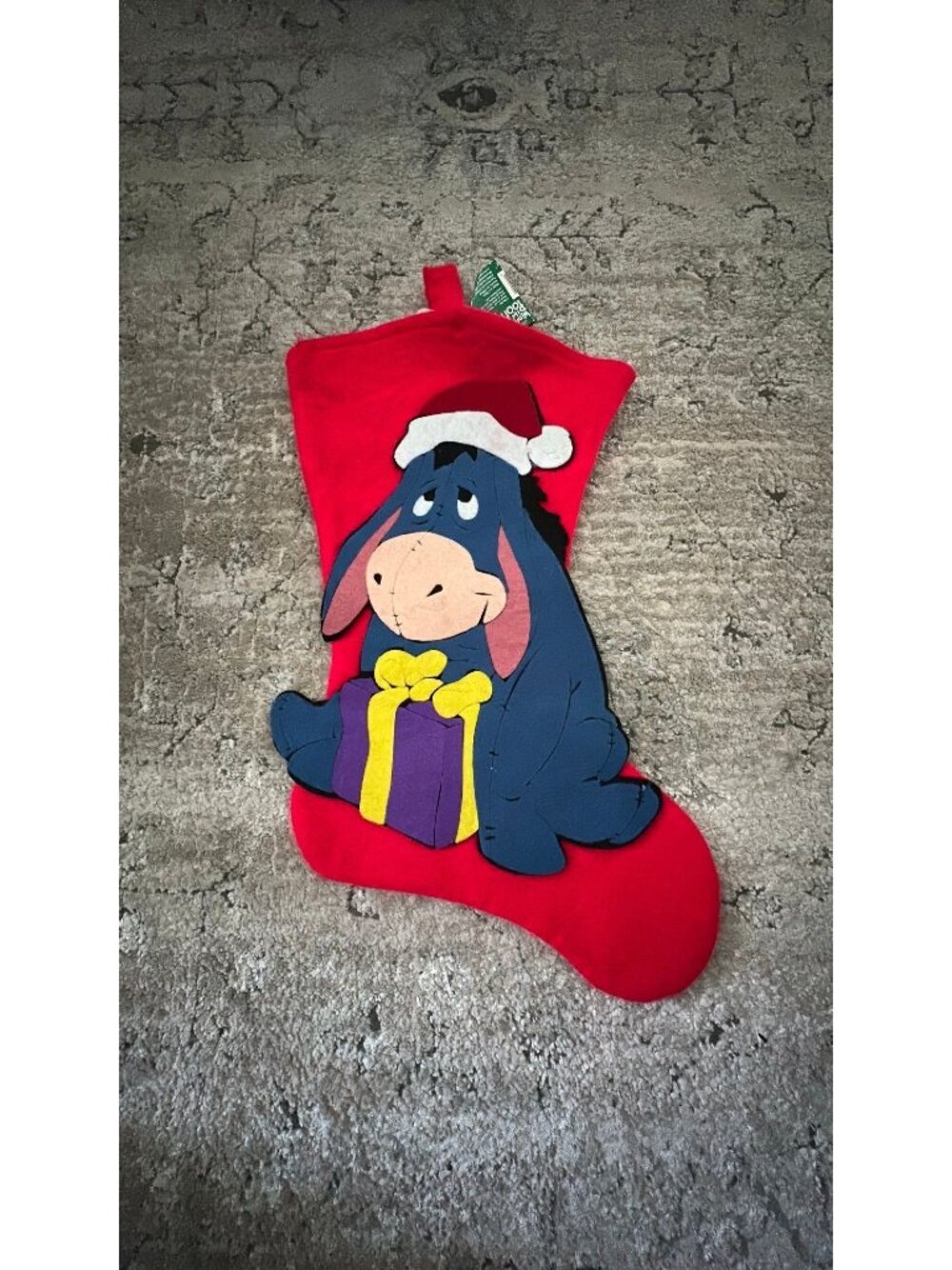 vintage Disney Christmas stocking featuring a 3D felt applique of Eeyore